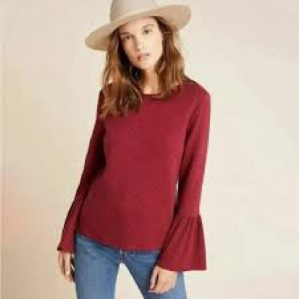 Anthropologie Porridge Red Bell‑Sleeve Textured Top XS —‎ Keyhole Back